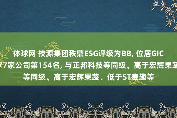 体球网 技源集团秩鼎ESG评级为BB， 位居GICS三级食物行业177家公司第154名， 与正邦科技等同级、高于宏辉果蔬、低于ST麦趣等